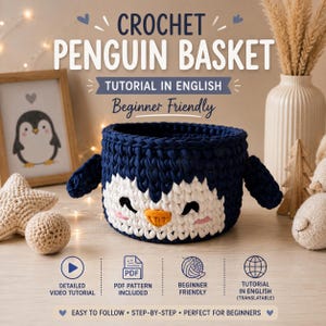 Patrón de cesta de pingüino a crochet, patrón de crochet navideño, videotutorial para principiantes, cesta de almacenamiento para habitación infantil, PDF de crochet de invierno