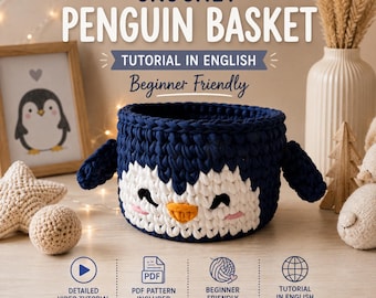 Crochet Penguin Basket Pattern, Christmas Crochet Pattern, Beginner Video Tutorial, Kids Room Storage Basket, Winter Crochet PDF