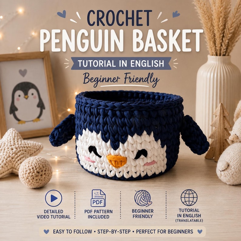 Crochet penguin basket pattern in navy blue and white with yellow beak, made with t-shirt yarn on a wooden base. Beginner-friendly Christmas crochet project and kids room storage idea.