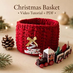 Christmas Basket Crochet Pattern Video Tutorial PDF | Holiday Tree T-Shirt Yarn Basket Wooden Base | DIY Festive Home Decor Beginner