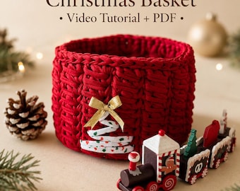 Christmas Basket Crochet Pattern Video Tutorial PDF | Holiday Tree T-Shirt Yarn Basket Wooden Base | DIY Festive Home Decor Beginner