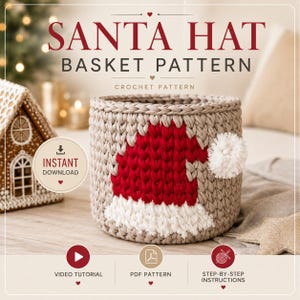 Christmas Crochet Basket Pattern Santa Hat | Video Tutorial + PDF | Beginner Crochet Gift | Holiday Decor DIY | T-Shirt Yarn