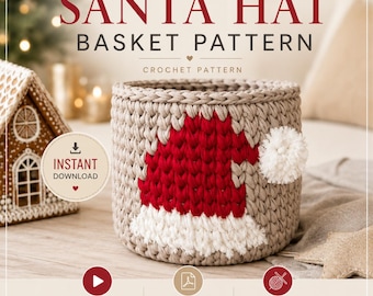 Modello per cestino di Natale all'uncinetto con cappello di Babbo Natale / Video tutorial + PDF / Regalo all'uncinetto per principianti / Decorazioni natalizie fai da te / Filato per magliette