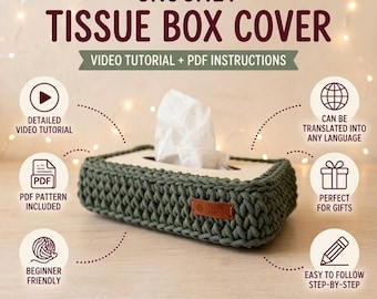 Crochet Tissue Box Cover Pattern | Fits Standard & Large Boxes | Modern Boho Bathroom Decor | Cotton Rope Wooden Base PDF Video