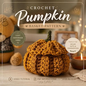 Crochet Pumpkin Basket Pattern with Video Tutorial | Fall Home Decor PDF | Rope Basket with Lid DIY | Thanksgiving Autumn Storage Basket