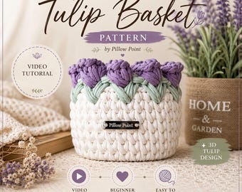 Crochet Tulip Basket VIDEO Tutorial | Easy Flower Basket Pattern T-Shirt Yarn | Beginner Friendly | Boho Decor | Instant Download