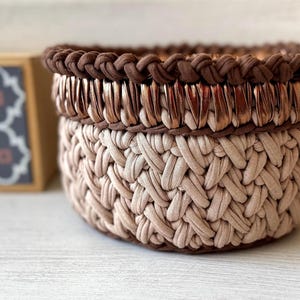 Handmade Crochet Basket: Metallic Yarn, Wooden Base, Rustic Boho Decor