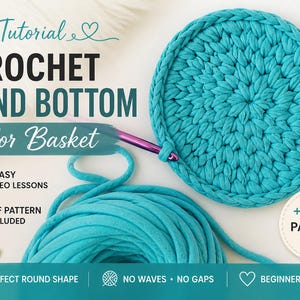 Puede incluir: Un fondo redondo de ganchillo turquesa para una cesta, con un ganchillo. La imagen incluye el texto "CROCHET ROUND BOTTOM for Basket", "4 EASY VIDEO LESSONS" y "PDF PATTERN INCLUDED". El diseño es apto para principiantes.