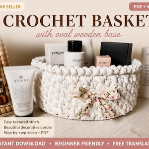 Cesta de crochê com molde em PDF + tutorial em vídeo | Base oval de madeira | Cesta de fio de camiseta ideal para iniciantes | Faça você mesmo com ponto texturizado