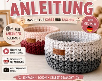 German Crochet Basket Pattern T-Shirt Yarn, Wooden Base Tutorial Knit Look Stitch, Modern Home Decor DIY Bag PDF Video Gift Crocheters