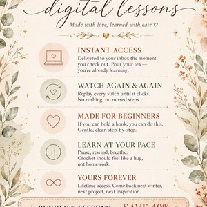 May include: A beige and brown digital lessons advertisement with floral and gold accents. Text includes "WHY CRAFTERS LOVE digital lessons" and bullet points about instant access, replay, beginner-friendly, pace, and lifetime access.