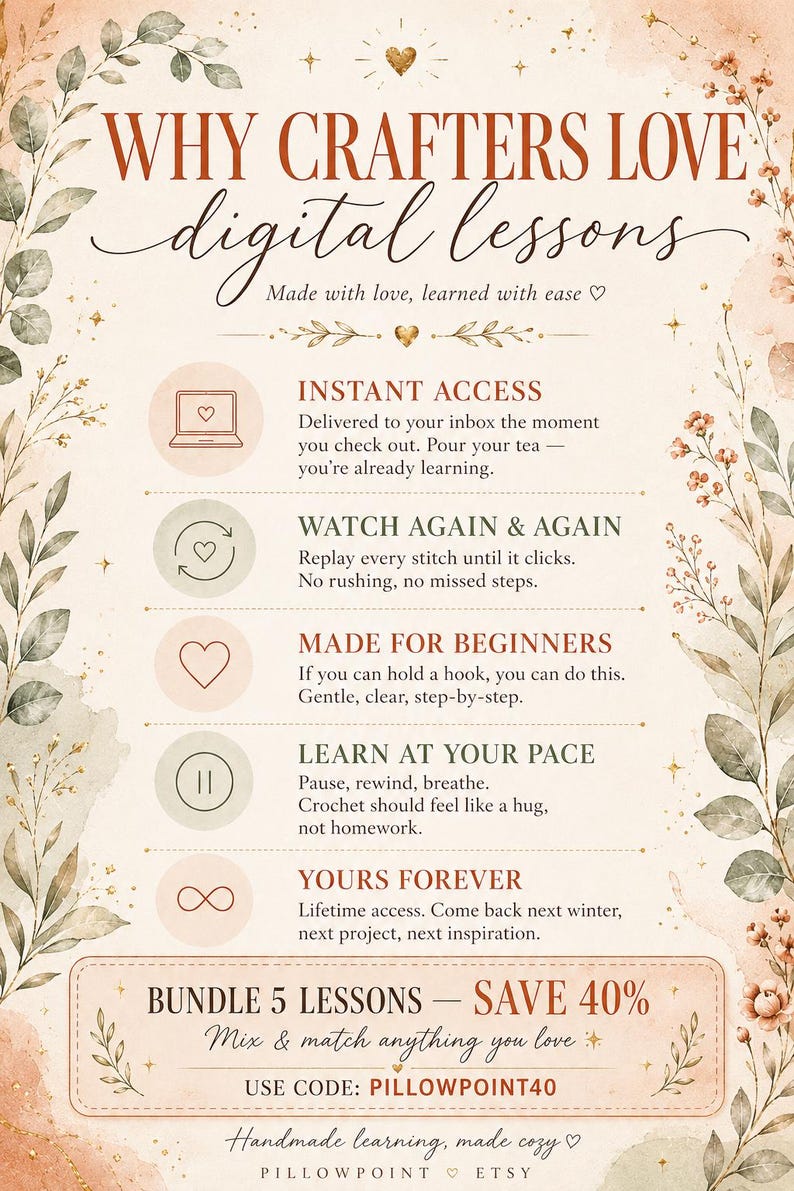 May include: A beige and brown digital lessons advertisement with floral and gold accents. Text includes "WHY CRAFTERS LOVE digital lessons" and bullet points about instant access, replay, beginner-friendly, pace, and lifetime access.