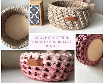 Best Seller T-shirt Yarn Basket Pattern Bundle | 2 Exclusive Crochet Designs | Wooden Round Base Tutorial | Handmade Home Decor