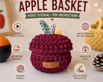 Crochet Apple Basket Pattern PDF | Video Tutorial Fall Decor | Easy Beginner Rope Basket | Thanksgiving Apple Storage | Multilingual