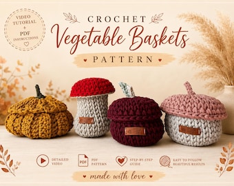 Crochet Basket Pattern Set, Pumpkin Acorn Apple Mushroom Video Tutorial, Beginner Crochet Rope Basket, Fall Home Decor PDF Bundle