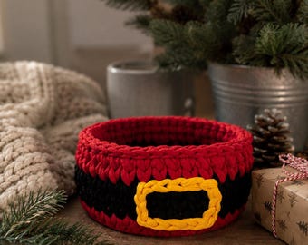 Santa Belt Crochet Basket | Handmade Christmas Gift Basket with Wooden Base | Holiday Decor | Custom Size
