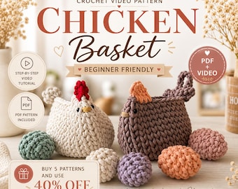 Crochet Chicken Basket Pattern with Video Tutorial | Rope Cord Hen Basket PDF | Farmhouse Kitchen Decor | Beginner Crochet Pattern