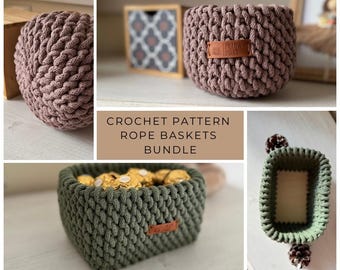 Crochet Rope Basket Pattern Bundle | Round & Wooden Base Tutorial PDF Video | Modern Boho Storage Basket DIY Gift