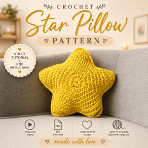 Crochet Star Pillow Pattern Video Tutorial PDF | Beginner Star Cushion T-shirt Yarn | Nursery Baby Shower Gift 35cm 14in Instant Download