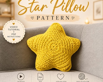 Crochet Star Pillow Pattern + Video Tutorial | Star Cushion PDF, T-shirt Yarn | Beginner Nursery Decor, 35 cm / 14″ Instant Download