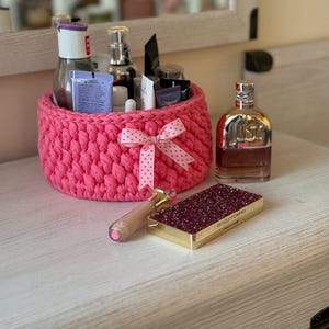 Handmade Crochet Basket: Pink Cosmetics & Stuff Storage