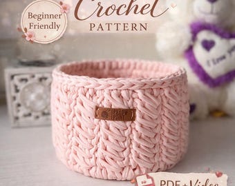 Crochet Basket Pattern Video Tutorial | Beginner Friendly PDF, Peach Round Basket, Wooden or 3D Base, Translation Available Download