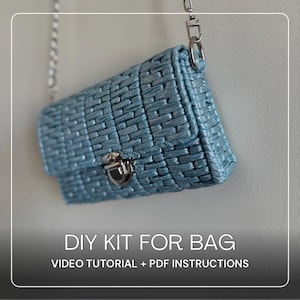 May include: A light blue woven bag with a silver chain strap and clasp. The bag has a rectangular shape with a flap closure. Text on the image reads: DIY KIT FOR BAG VIDEO TUTORIAL + PDF INSTRUCTIONS.