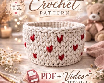 Crochet Rope Basket Pattern + Video Tutorial | Wooden Base Basket for Beginners | Heart Stitch Storage Basket | DIY Home Decor PDF