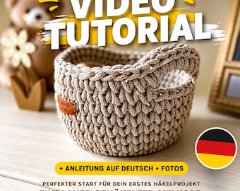 Crochet Rope Basket Pattern with Handles, Beginner Crochet Basket Video Tutorial, Step by Step PDF with Photos, Boho Storage Basket DIY