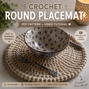 Crochet Placemat Pattern, Round Cotton Rope Tutorial, Beginner Friendly Video & PDF, 35 cm Boho Table Mat, Modern Home Decor DIY