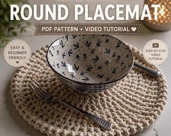 Crochet Placemat Pattern, Round Cotton Rope Tutorial, Beginner Friendly Video & PDF, 35 cm Boho Table Mat, Modern Home Decor DIY