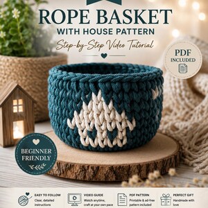 Patrón de cesta de cuerda de ganchillo con aplique de casa / Decoración de cabaña de invierno con cordón de algodón / Tutorial en vídeo en PDF / Apto para principiantes