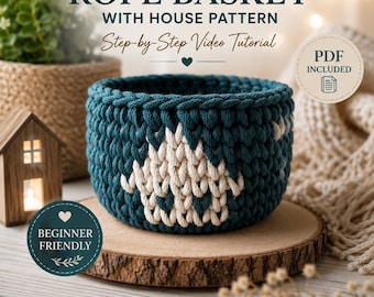 Crochet Rope Basket Pattern with House Applique | Cotton Cord Winter Cottage Decor | Video Tutorial PDF | Beginner Friendly