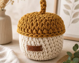 Handmade Crochet Acorn Basket with Lid | Cotton Rope Storage | Custom Color Nursery Decor | Cottagecore Fall Home Gift