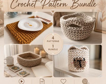 Crochet Basket Pattern Bundle | 3 Rope Basket Video Tutorials + Free Placemat | Wooden Base, Bear & Modern Shapes | Beginner PDF