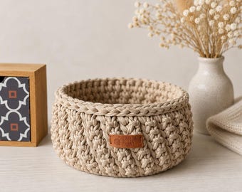 Crochet Storage Basket with Wooden Base • Handmade Beige Nursery Basket • Boho Home Decor • Housewarming Gift • Modern Fiber Art