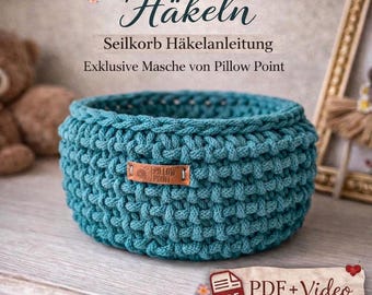 Exklusives strukturiertes Häkel-Design | Pillow Point Grid Stitch | Häkelkorb aus Baumwollkordel | Original-Design PDF + Video-Tutorial