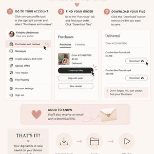 May include: A guide on how to download a digital file, with steps to go to your account, find your order, and download the file. The guide includes screenshots of the Etsy interface and instructions.