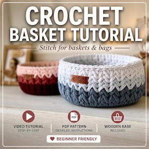 Patroon mand gehaakt pdf, garenpatroon T-shirt, mand houten basis, zelfstudie tassteek, video-haaktutorial, opbergmand DIY