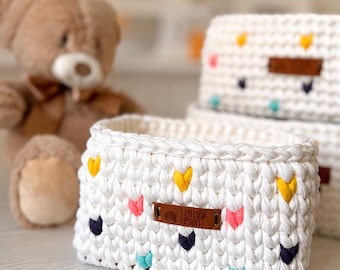 Personalized Crochet Heart Basket | Handmade Nursery Storage Organizer | Custom Color Baby Shower Gift | Decorative Home Basket