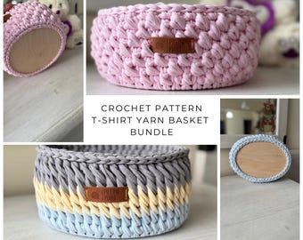 Intermediate Crochet Basket Pattern Bundle | 2 Exclusive T-shirt Yarn Designs | Wooden Round & Oval Bases | BG/EN Instructions + Video