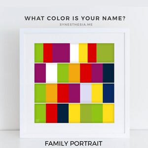 May include: A framed print with a colorful grid of squares in various colors, including red, yellow, green, purple, white, and blue. The text "WHAT COLOR IS YOUR NAME?" is at the top of the print, and the text "FAMILY PORTRAIT" is at the bottom.