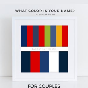 May include: A white frame with a colorful grid of squares. The grid is labeled "Samantha + David". The text "What Color Is Your Name?" is at the top of the frame and "Synesthesia.me" is below it. The text "For Couples" is below the frame.