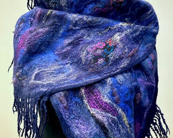Hand felted woolen scarf for women; blue  color scarf; Merino wool pure silk;  Quality merino scarf; cozy warm scarf; Spring women clothes