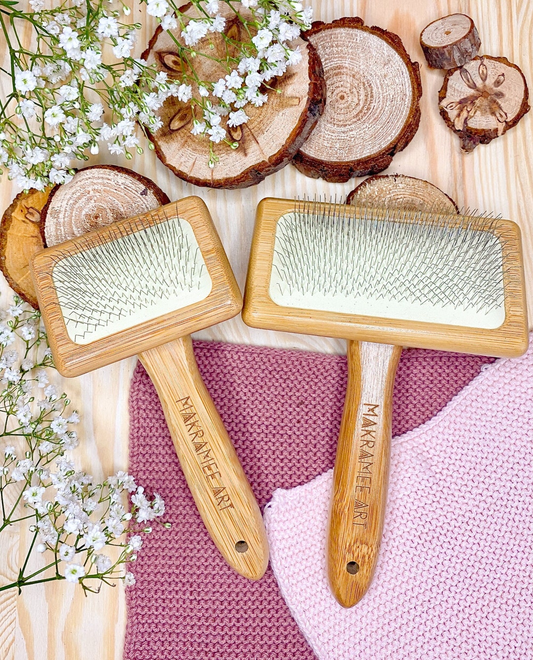 Macramé Brush Made of Bamboo, With Stainless Steel Brushes for Combing