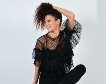 Tulle Top/ Polka Dots Top/ Ruffles Top/ Asymmetrical Top/ Summer Top/ Dots Tulle/ Black Mesh Top/ Summer Night Out Top