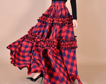 Ruffles Red Checks Skirt/ Cotton Ruffles Skirt/ Amazing Riding Skirt/ Modern Look Skirt/ Designer Cotton Skirt/ Red Checks Maxi Skirt