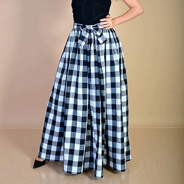 Winter Cotton Checkered Skirt with Pockets / Black and White Checks Skirt/ Cotton Skirt/ Checked Skirt/ Black and White Checks Skirt