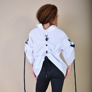 Cotton White Shirt/ Street Style Shirt/ Extravagant Shirt/ Asymmetrical Shirt/ Rope Clothes/ Top with Rope image 1