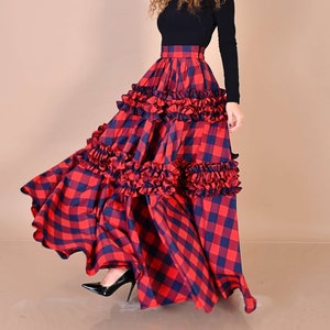 Ruffles Red Checks Skirt Made of Cotton with Ruffles Amazing Riding Skirt for Christmas Party Designer Cotton Skirt Red Checks Maxi Skirt